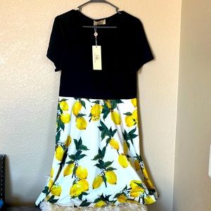 BNWT Grace Karin Summer Dress Black short sleeve top with Lemon bottom sz L